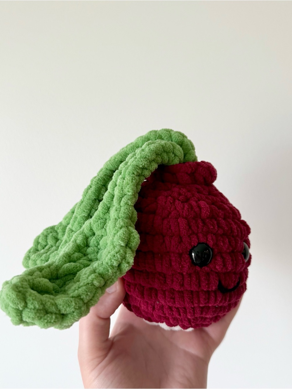 Handmade Plush Raddish Toy in Deep Red with Green Stem - Picture 2 of 2